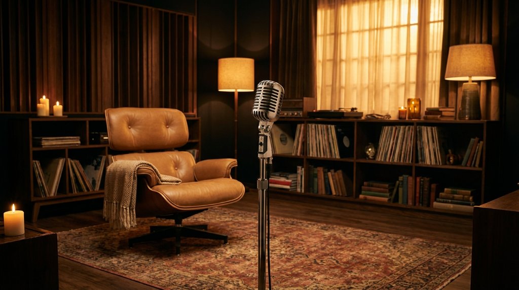 A warmly lit music room with a microphone and piano